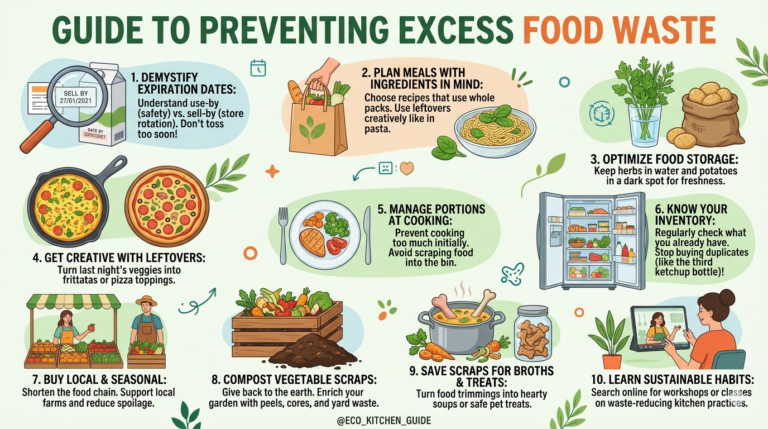Graphic showing simple step‑by‑step meal‑planning habits designed to reduce food waste and make groceries last longer.