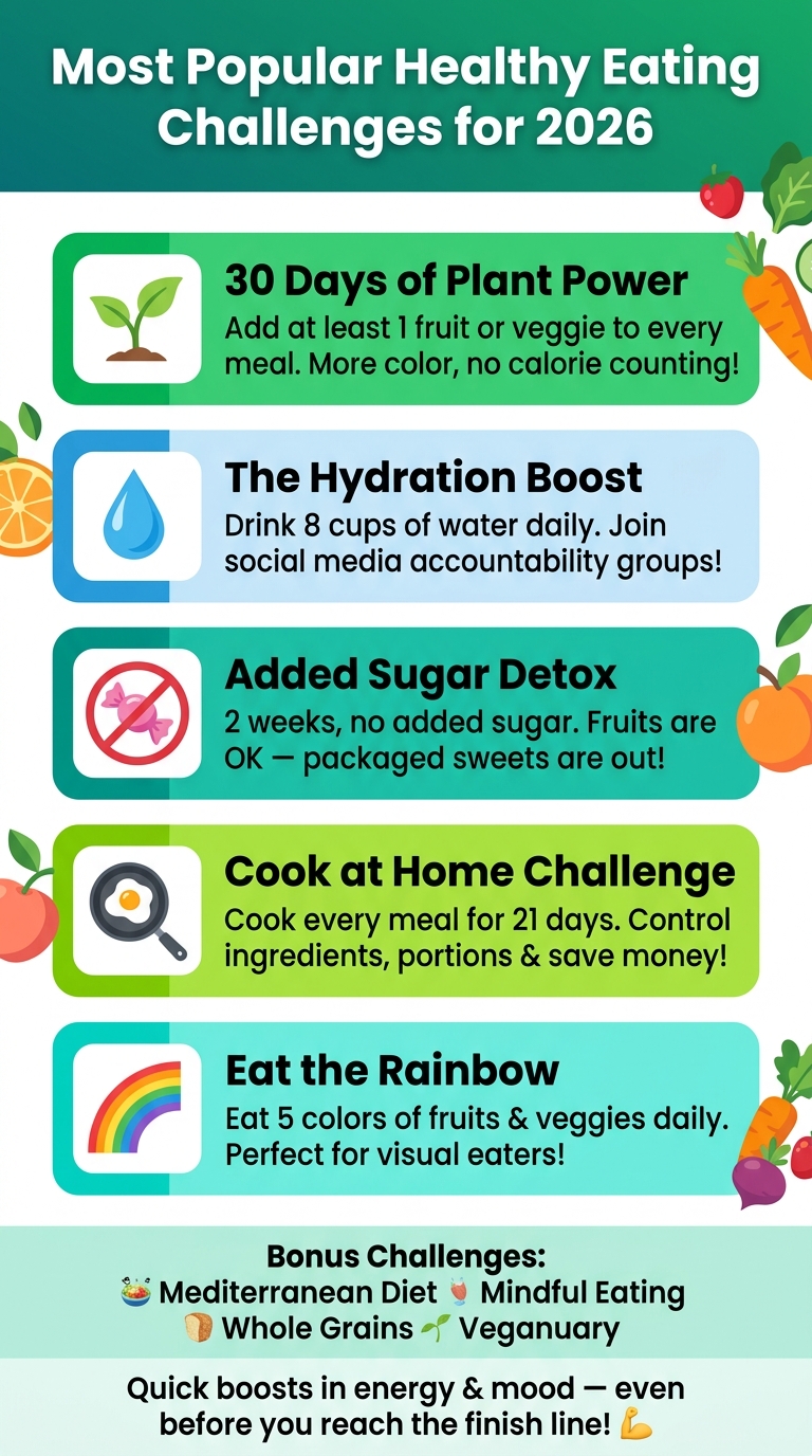 Graphic promoting Healthy Eating Challenges 2026 with a focus on building better eating habits, consistency, and balanced nutrition.