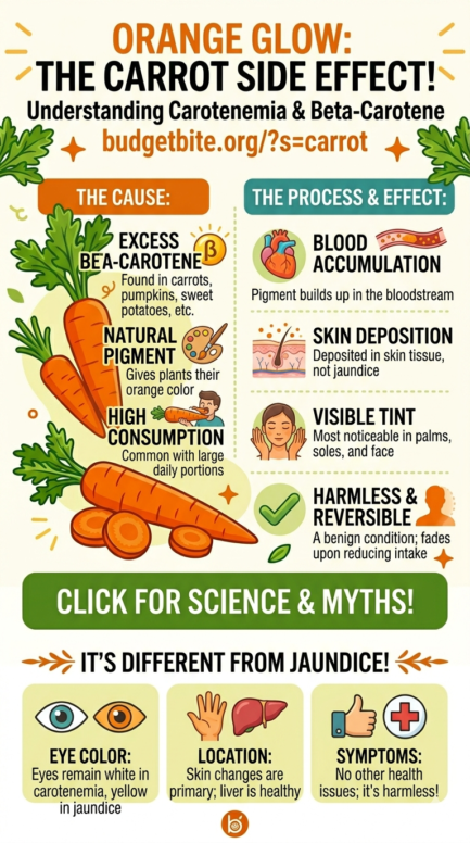 Infographic explaining carotenemia, showing how excess beta-carotene from carrots leads to orange skin discoloration and how it differs from jaundice