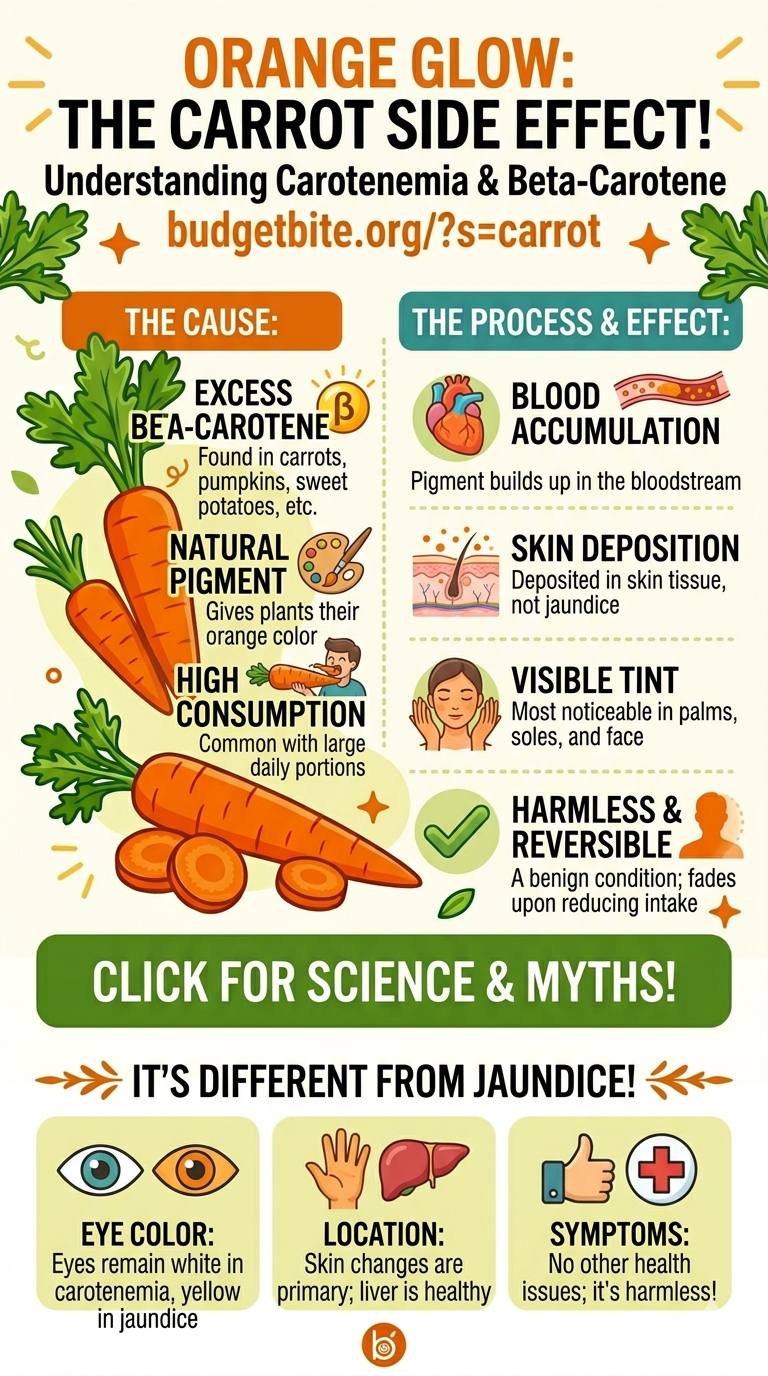 Infographic explaining carotenemia, showing how excess beta-carotene from carrots leads to orange skin discoloration and how it differs from jaundice