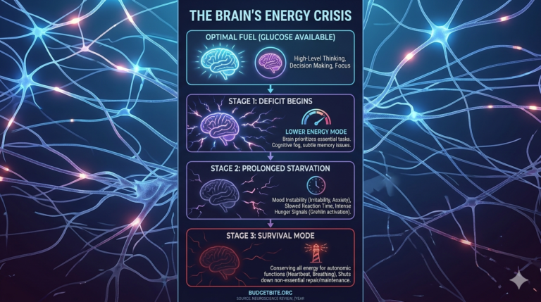 Infographic depicting the negative effects of under‑consuming calories on the brain, including reduced energy, impaired thinking, and mood disturbances.