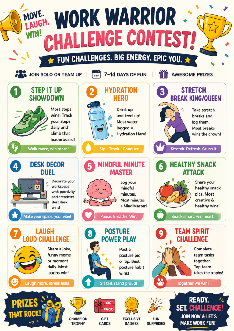 Overview graphic from the Desk Job Survival Guide showing simple tips to reduce sitting fatigue and improve comfort during long desk work.