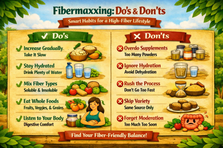 Illustrated infographic titled "Fibermaxxing: Do's and Don'ts — Smart Habits for a High-Fiber Lifestyle," with a Do's column listing increase fiber gradually, stay hydrated, mix soluble and insoluble fiber types, eat whole foods including fruits vegetables and grains, and listen to your body, and a Don'ts column warning against overdoing supplements, ignoring hydration, rushing the process, skipping variety, and forgetting moderation, with a footer reading "Find Your Fiber-Friendly Balance."