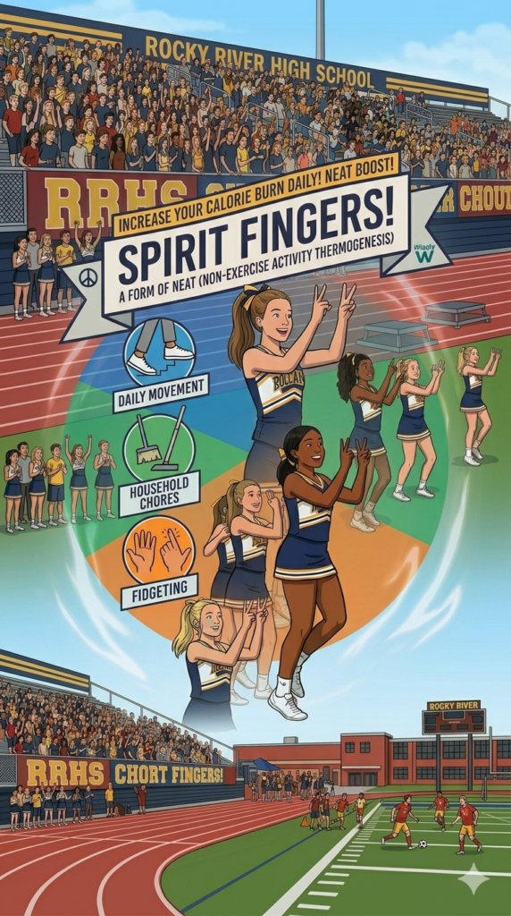 Illustration of cheerleaders at a school stadium performing “Spirit Fingers” with banners promoting NEAT, showing how light daily movement increases energy and supports a healthy lifestyle.