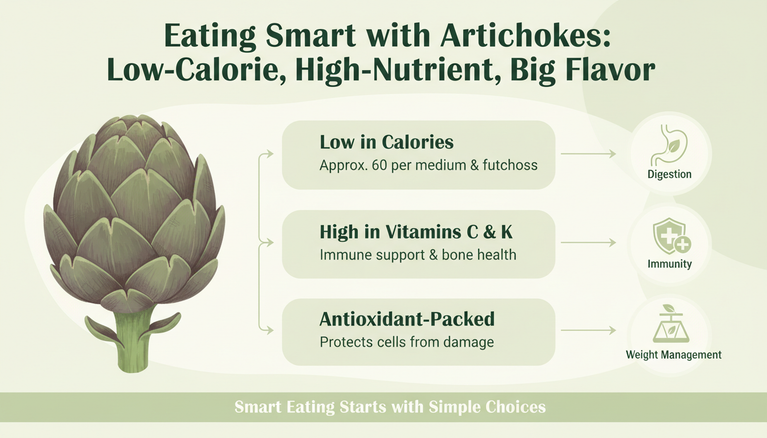 Infographic showing the nutritional benefits of artichokes including approximately 60 calories per medium artichoke, high vitamins C and K for immunity and bone health, and antioxidants for digestion and weight management