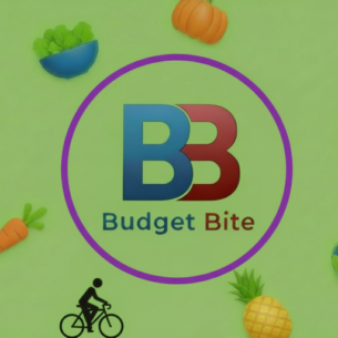 Budget Bite logo with produce and cyclist.