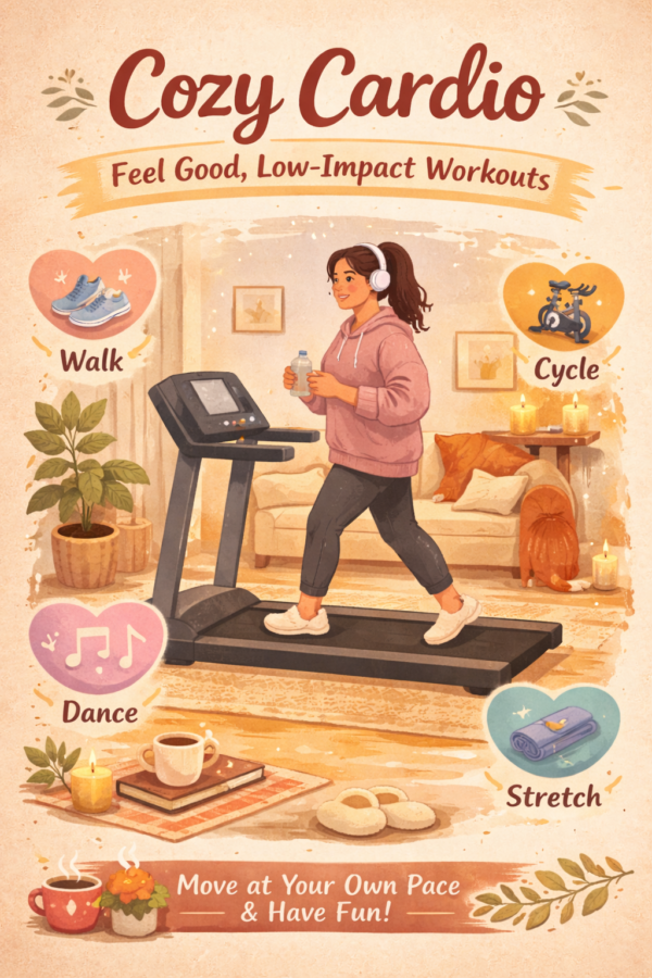 Cozy Cardio infographic showing easy, low‑impact workouts for home fitness.