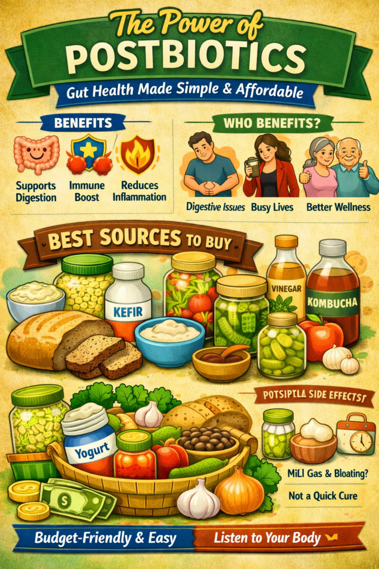 Infographic showing affordable postbiotic foods—including yogurt, sauerkraut, miso, and sourdough—designed to help readers improve gut health on a budget.