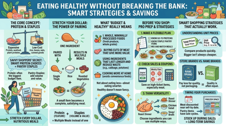 Infographic explaining strategies for eating healthy on a budget, including protein choices, meal planning, pairing ingredients, smart shopping tips, and using store brands.