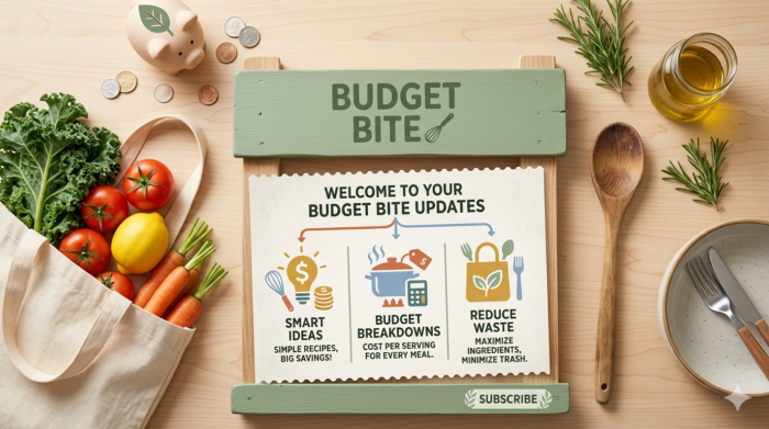 Budget Bite update graphic with fresh vegetables, cooking tools, and newsletter features.