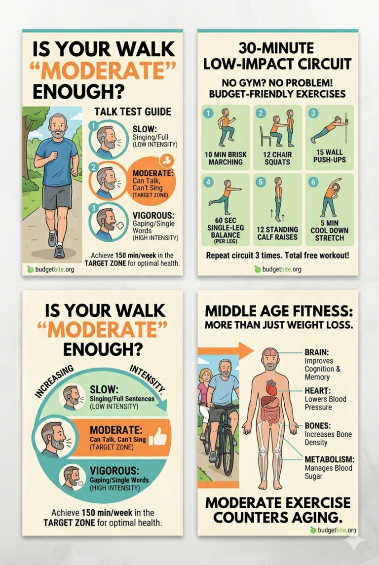 Collection of fitness infographics about moderate walking intensity, a 30-minute low-impact circuit, and the benefits of moderate exercise for middle age health.