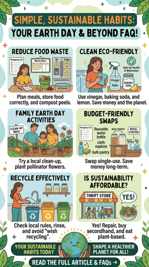 Infographic about budget-friendly green living tips for Earth Day, highlighting simple ways to reduce waste, save energy, and make sustainable choices.
