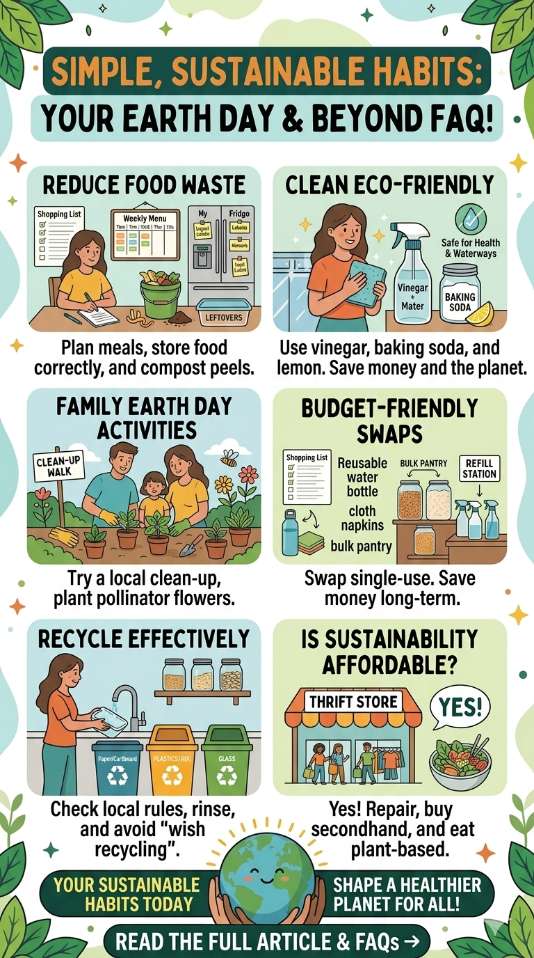 Infographic about budget-friendly green living tips for Earth Day, highlighting simple ways to reduce waste, save energy, and make sustainable choices.