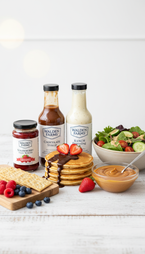 Photo of Walden Farms strawberry fruit spread, chocolate syrup, and ranch dressing with pancakes topped with strawberries, fresh berries, peanut butter, and a salad bowl.