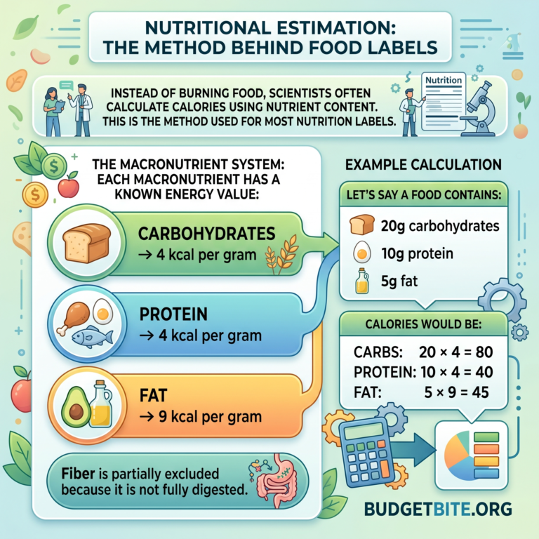 Infographic explaining how nutrition labels estimate calories using macronutrient values for carbohydrates, protein, and fat.