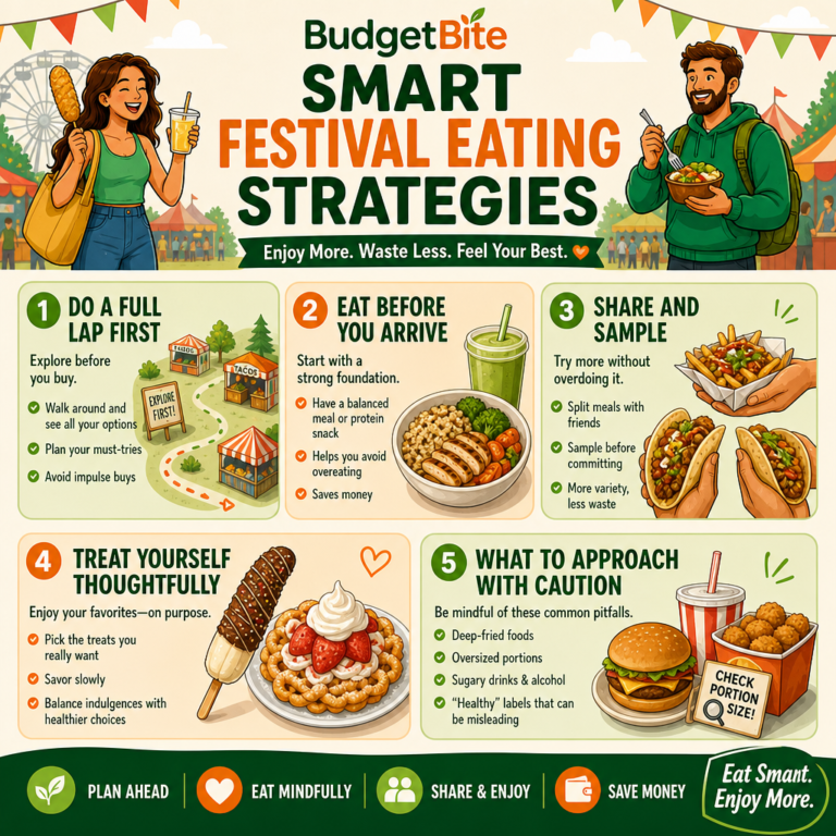 BudgetBite festival eating infographic: 5 strategies including scout first, eat before arriving, share meals, treat yourself thoughtfully, and avoid common food pitfalls
