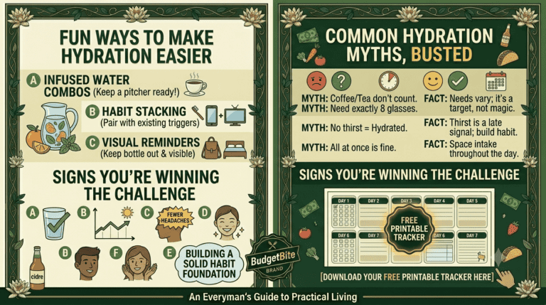 Infographic showing fun ways to make hydration easier, common hydration myths busted, signs you're winning the challenge, and a free printable water tracker download from BudgetBite