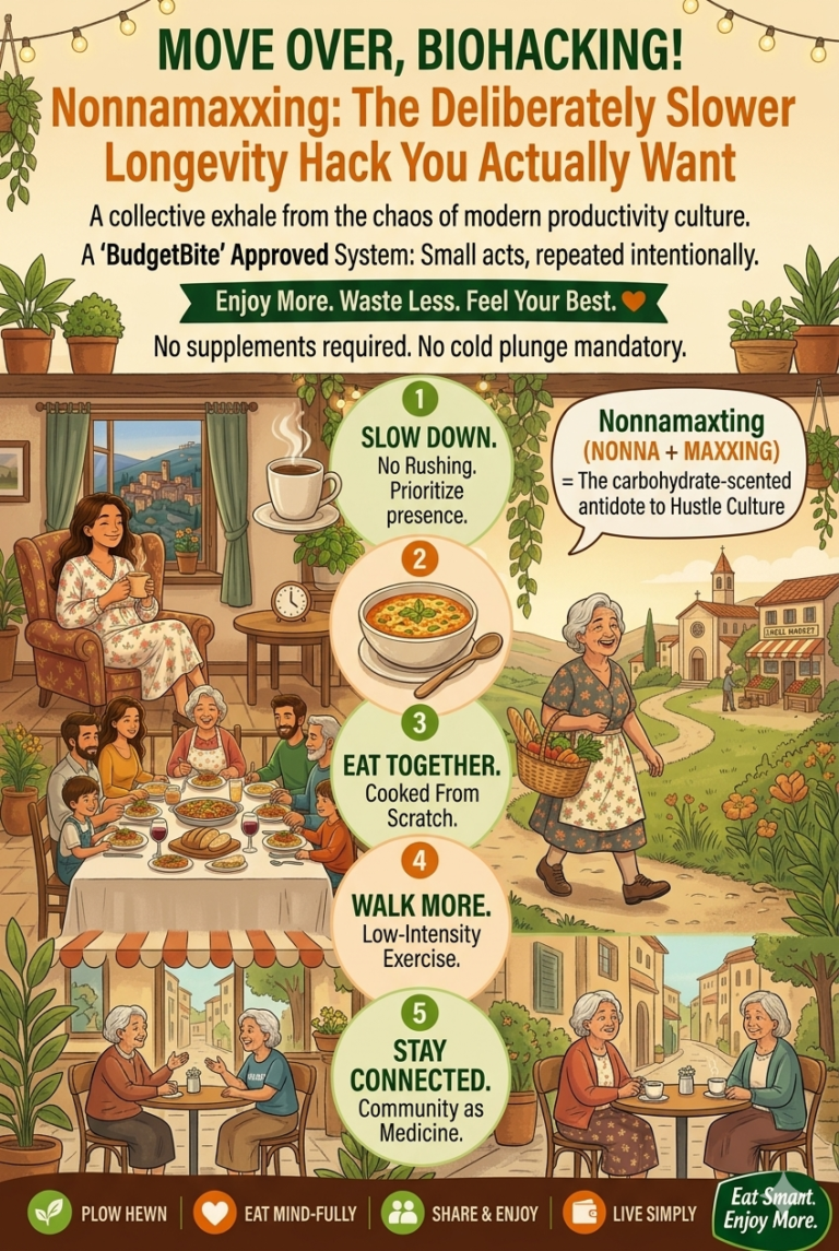 Nonnamaxxing infographic with 5 longevity habits: slow down, eat soup, eat together, walk more, stay connected — the deliberate slow-living alternative to biohacking